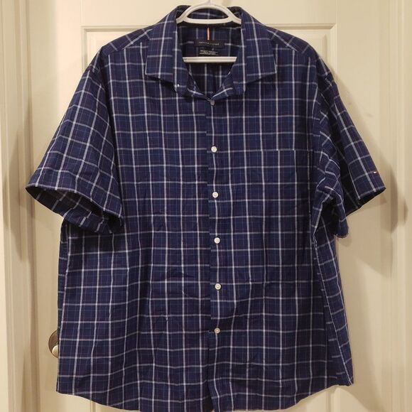 Tommy Hilfiger Men's Blue Orange Plaid Short Sleeve Collared Shirt - Size 2XL - Picture 1 of 7